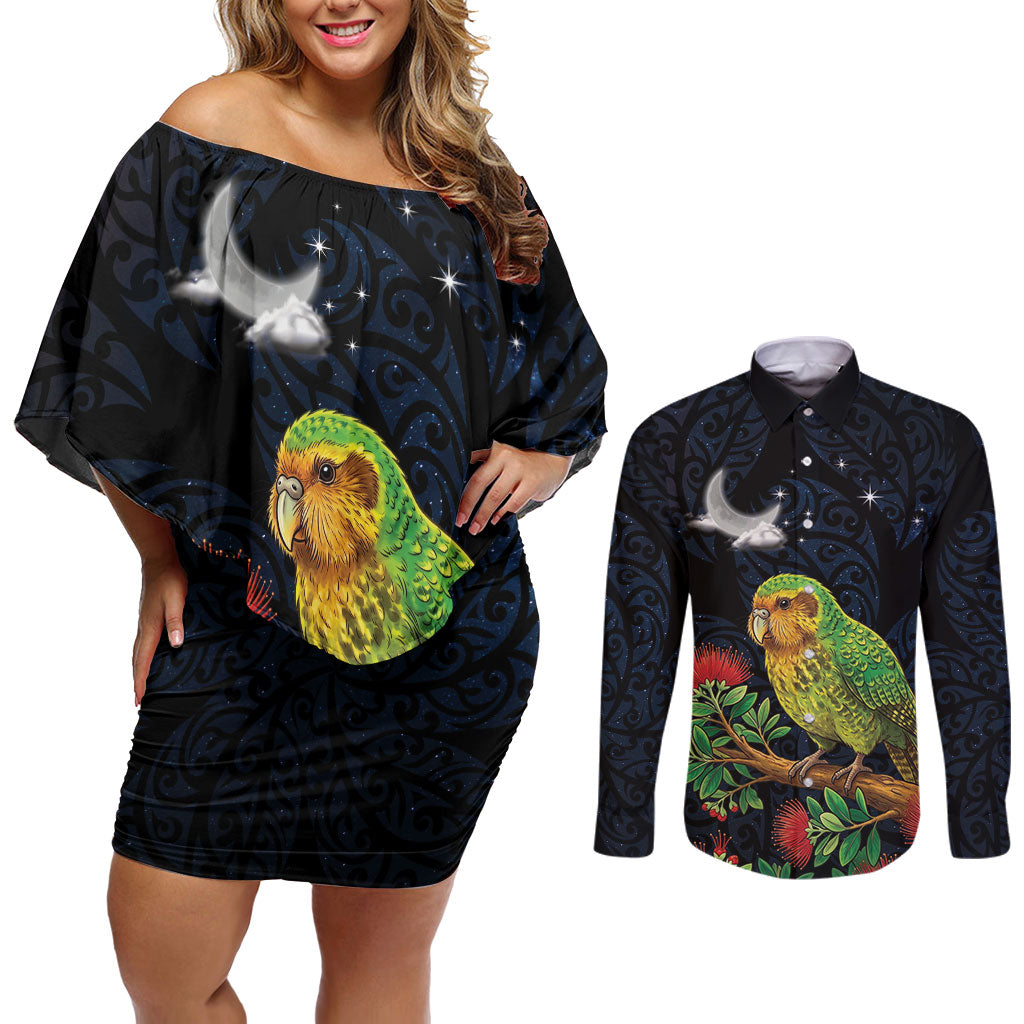 New Zealand Kakapo Matariki Personalised Couples Matching Off Shoulder Short Dress and Long Sleeve Button Shirt Pohutukawa Flower Galaxy Maori Pattern LT22 Black - Polynesian Pride