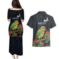 New Zealand Kakapo Matariki Personalised Couples Matching Puletasi and Hawaiian Shirt Pohutukawa Flower Galaxy Maori Pattern