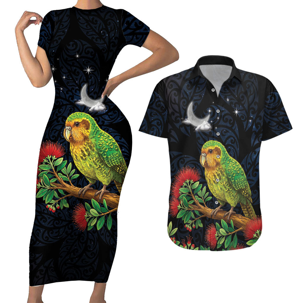 New Zealand Kakapo Matariki Personalised Couples Matching Short Sleeve Bodycon Dress and Hawaiian Shirt Pohutukawa Flower Galaxy Maori Pattern