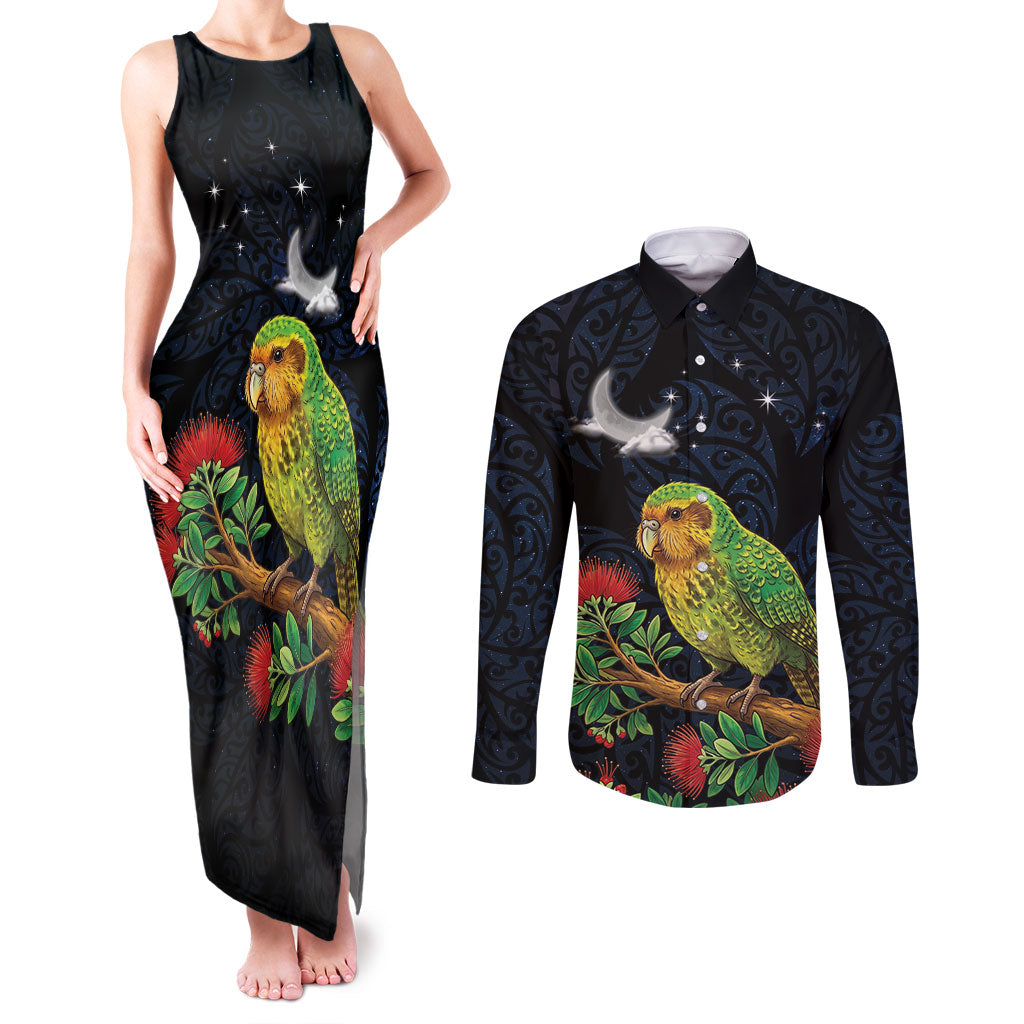 New Zealand Kakapo Matariki Personalised Couples Matching Tank Maxi Dress and Long Sleeve Button Shirt Pohutukawa Flower Galaxy Maori Pattern