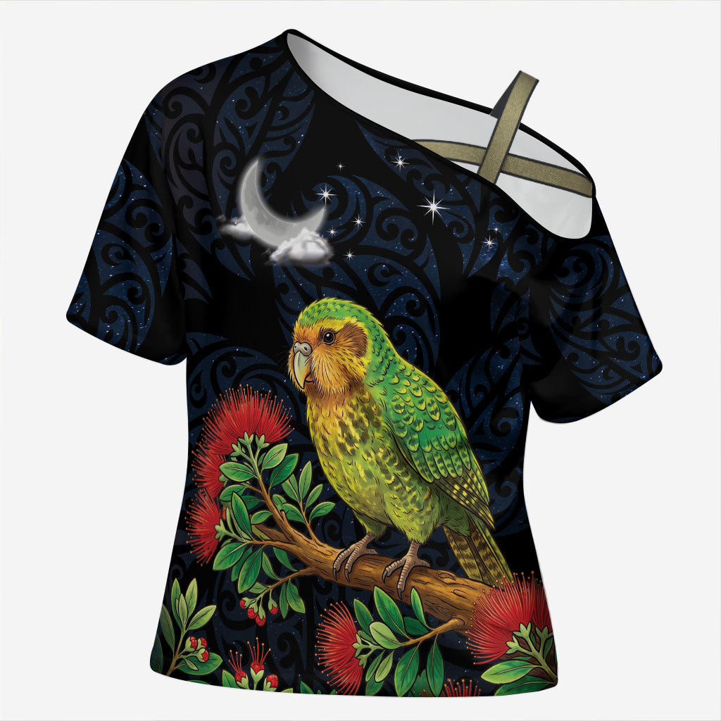 New Zealand Kakapo Matariki Personalised Cross Shoulder Shirt Pohutukawa Flower Galaxy Maori Pattern LT22 Female Black - Polynesian Pride