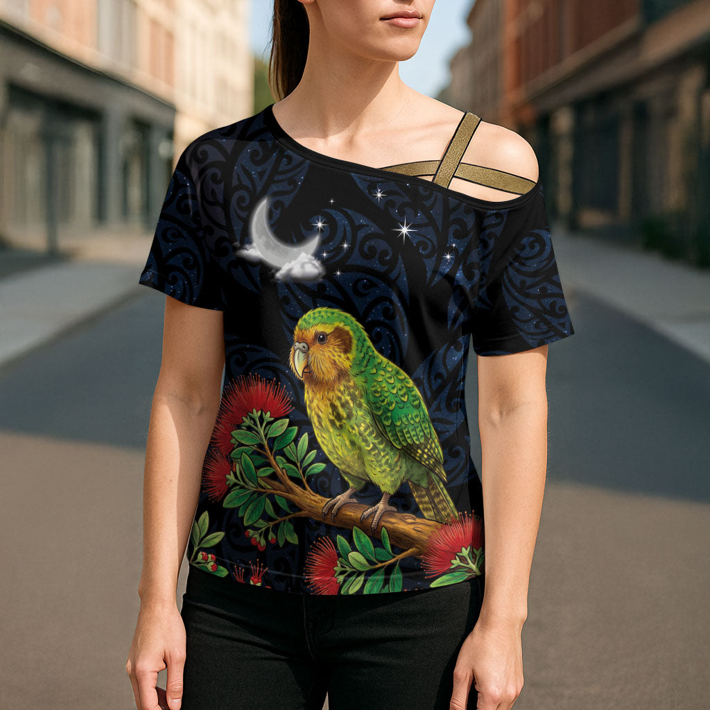 New Zealand Kakapo Matariki Personalised Cross Shoulder Shirt Pohutukawa Flower Galaxy Maori Pattern LT22 - Polynesian Pride