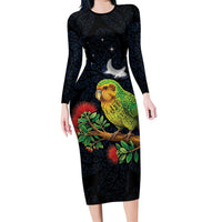 New Zealand Kakapo Matariki Personalised Family Matching Long Sleeve Bodycon Dress and Hawaiian Shirt Pohutukawa Flower Galaxy Maori Pattern