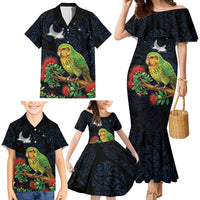 New Zealand Kakapo Matariki Personalised Family Matching Mermaid Dress and Hawaiian Shirt Pohutukawa Flower Galaxy Maori Pattern