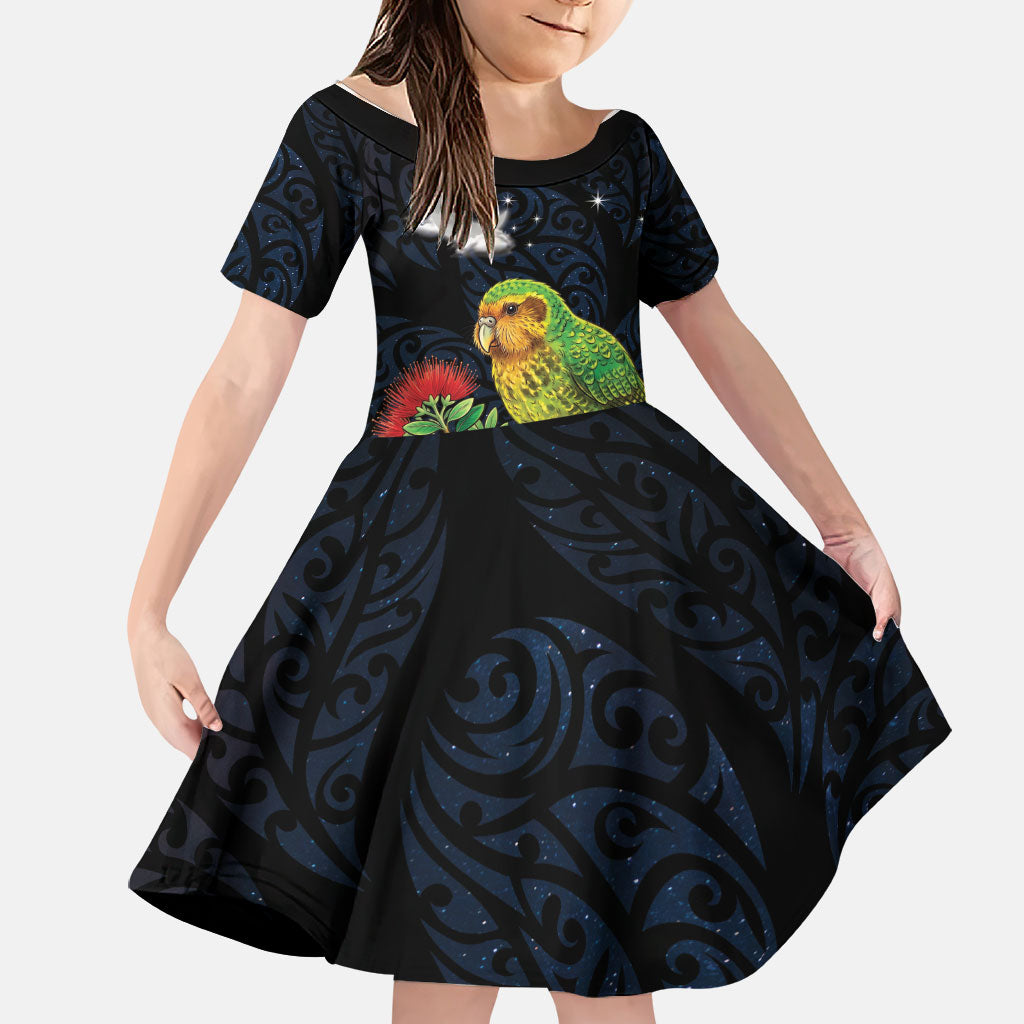 New Zealand Kakapo Matariki Personalised Family Matching Off Shoulder Short Dress and Hawaiian Shirt Pohutukawa Flower Galaxy Maori Pattern
