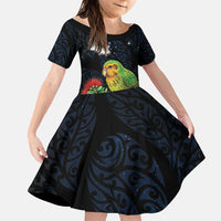 New Zealand Kakapo Matariki Personalised Family Matching Off Shoulder Short Dress and Hawaiian Shirt Pohutukawa Flower Galaxy Maori Pattern