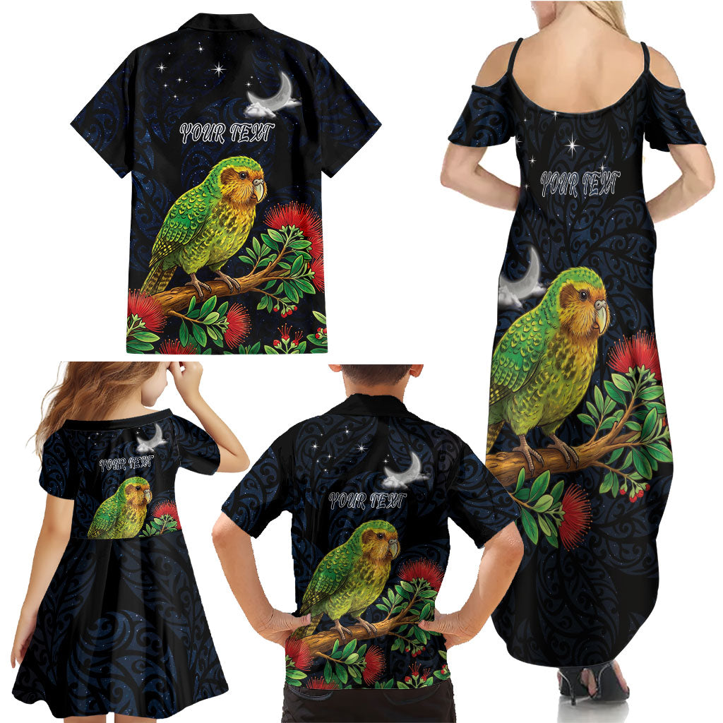 New Zealand Kakapo Matariki Personalised Family Matching Summer Maxi Dress and Hawaiian Shirt Pohutukawa Flower Galaxy Maori Pattern