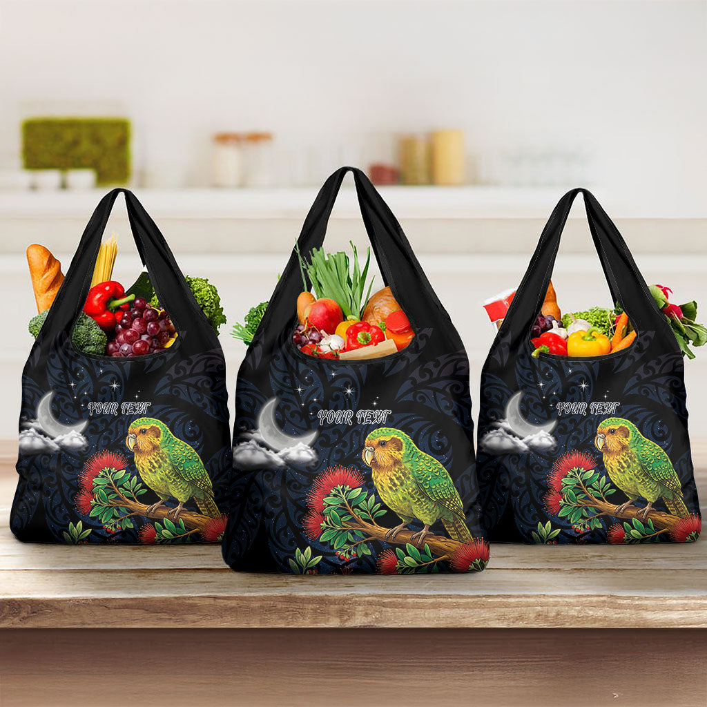 New Zealand Kakapo Matariki Personalised Grocery Bag Pohutukawa Flower Galaxy Maori Pattern LT22 3-pack One Size Black - Polynesian Pride