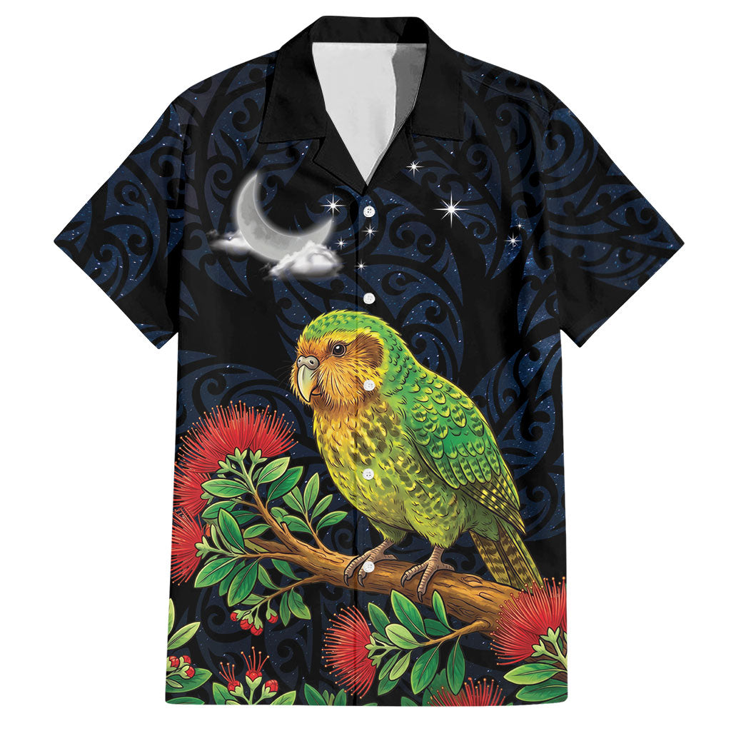 New Zealand Kakapo Matariki Personalised Hawaiian Shirt Pohutukawa Flower Galaxy Maori Pattern LT22 Black - Polynesian Pride