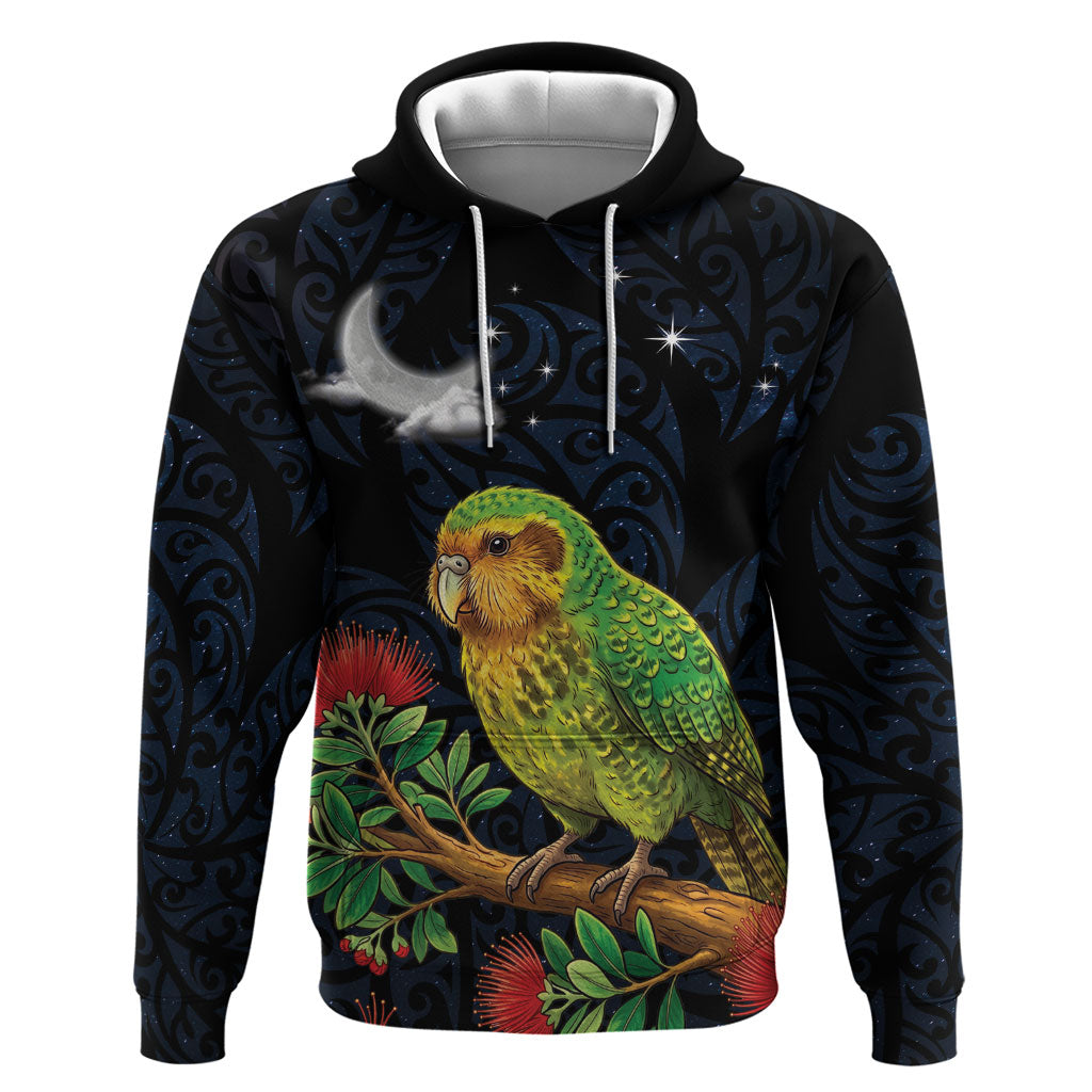 New Zealand Kakapo Matariki Personalised Hoodie Pohutukawa Flower Galaxy Maori Pattern