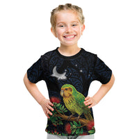 New Zealand Kakapo Matariki Personalised Kid T Shirt Pohutukawa Flower Galaxy Maori Pattern LT22 Black - Polynesian Pride