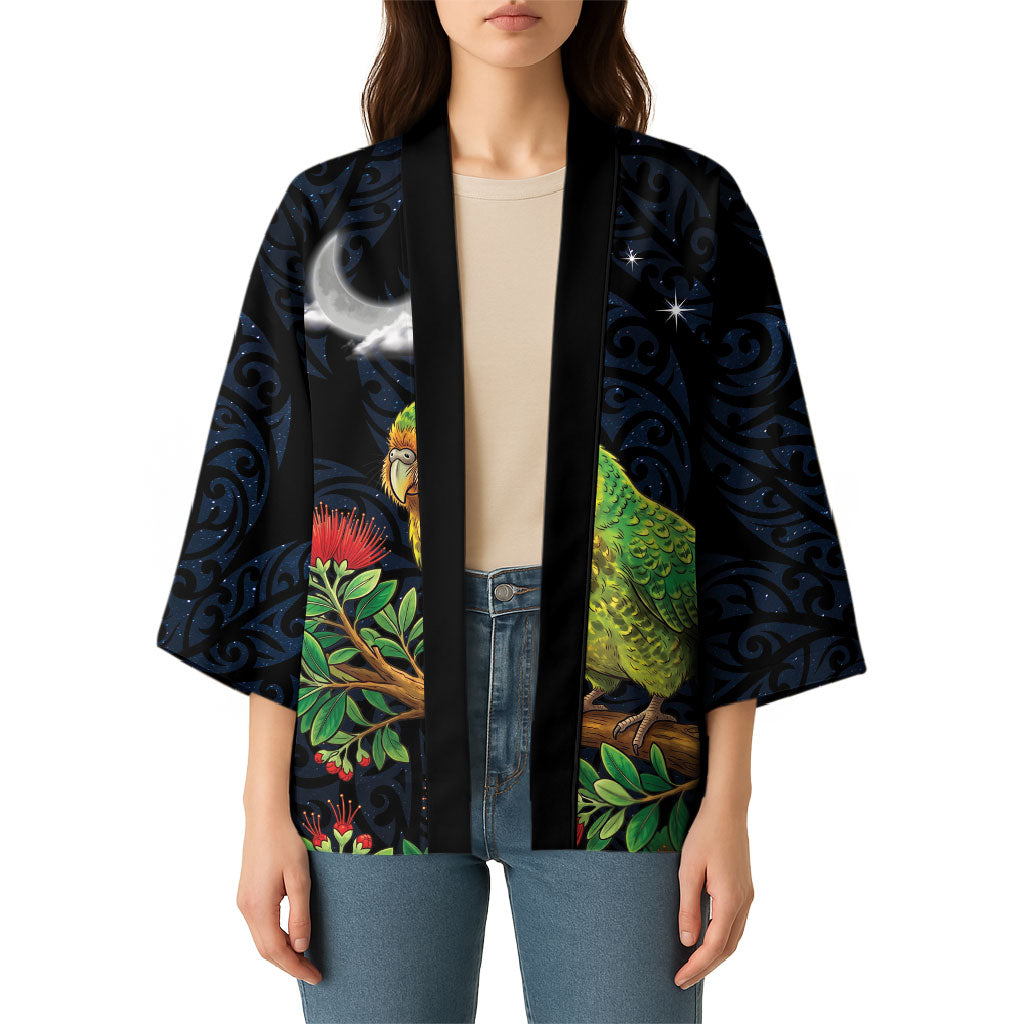 New Zealand Kakapo Matariki Personalised Kimono Pohutukawa Flower Galaxy Maori Pattern LT22 - Polynesian Pride