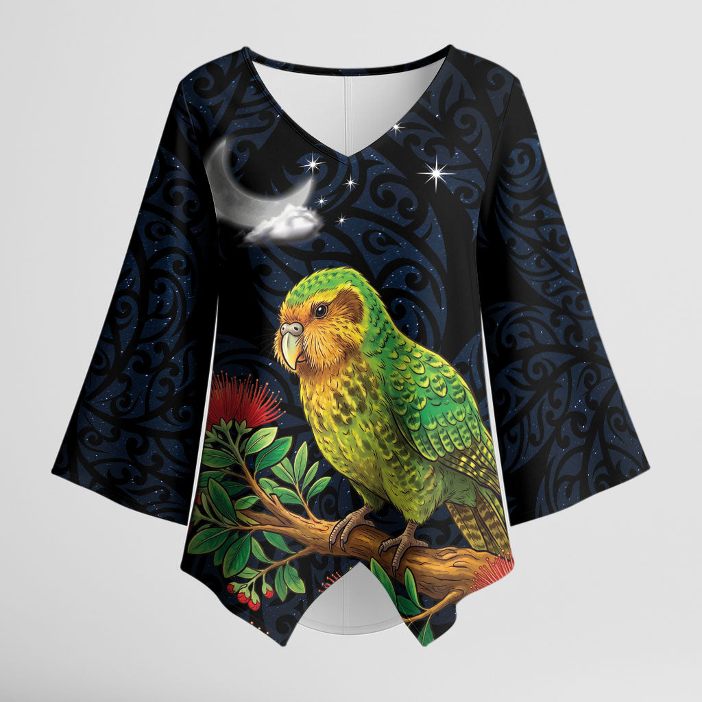 New Zealand Kakapo Matariki Personalised Kimono Sleeve Blouse Pohutukawa Flower Galaxy Maori Pattern LT22 Female Black - Polynesian Pride