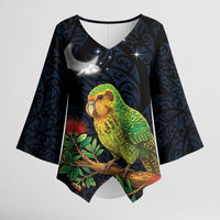 New Zealand Kakapo Matariki Personalised Kimono Sleeve Blouse Pohutukawa Flower Galaxy Maori Pattern LT22 Female Black - Polynesian Pride