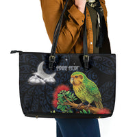 New Zealand Kakapo Matariki Personalised Leather Tote Bag Pohutukawa Flower Galaxy Maori Pattern