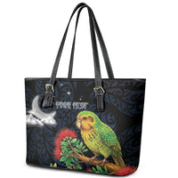 New Zealand Kakapo Matariki Personalised Leather Tote Bag Pohutukawa Flower Galaxy Maori Pattern