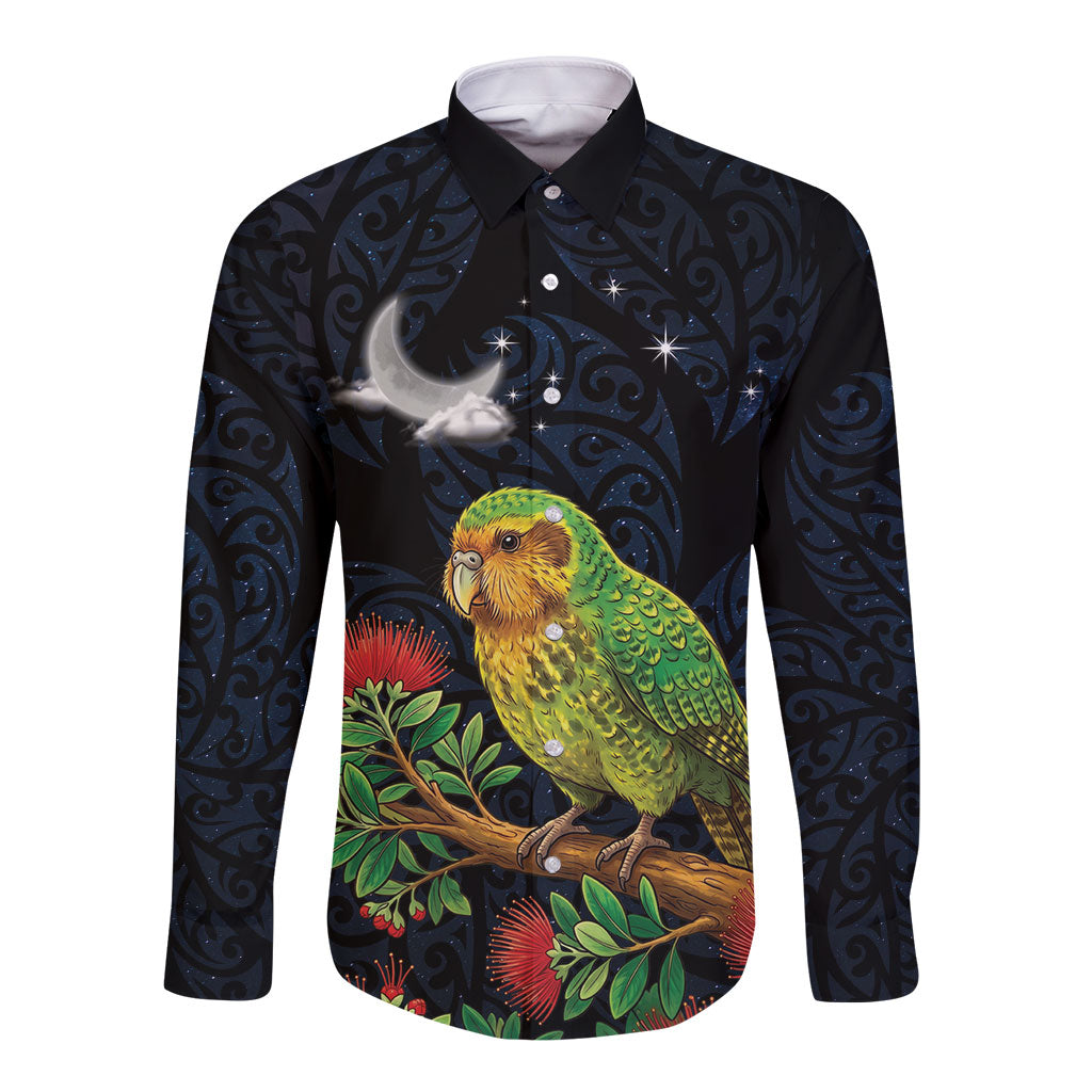 New Zealand Kakapo Matariki Personalised Long Sleeve Button Shirt Pohutukawa Flower Galaxy Maori Pattern LT22 Unisex Black - Polynesian Pride