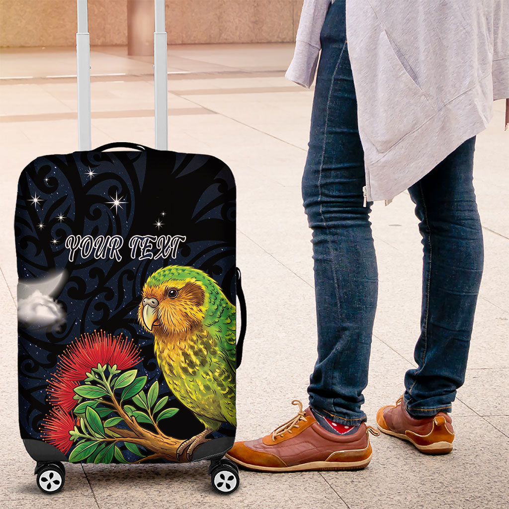 New Zealand Kakapo Matariki Personalised Luggage Cover Pohutukawa Flower Galaxy Maori Pattern LT22 Black - Polynesian Pride