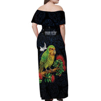 New Zealand Kakapo Matariki Personalised Off Shoulder Maxi Dress Pohutukawa Flower Galaxy Maori Pattern LT22 - Polynesian Pride