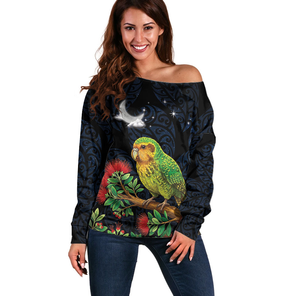 New Zealand Kakapo Matariki Personalised Off Shoulder Sweater Pohutukawa Flower Galaxy Maori Pattern LT22 Women Black - Polynesian Pride