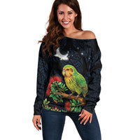 New Zealand Kakapo Matariki Personalised Off Shoulder Sweater Pohutukawa Flower Galaxy Maori Pattern LT22 Women Black - Polynesian Pride