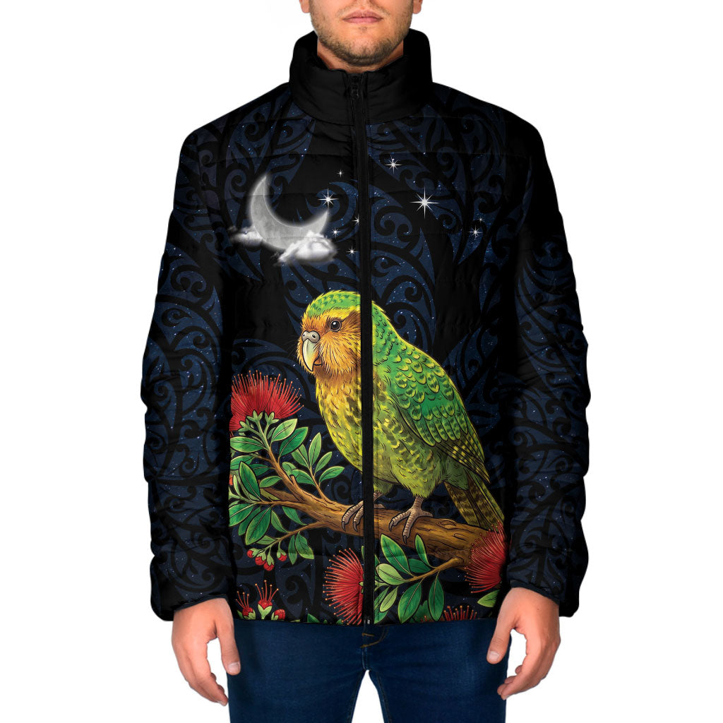 New Zealand Kakapo Matariki Personalised Padded Jacket Pohutukawa Flower Galaxy Maori Pattern