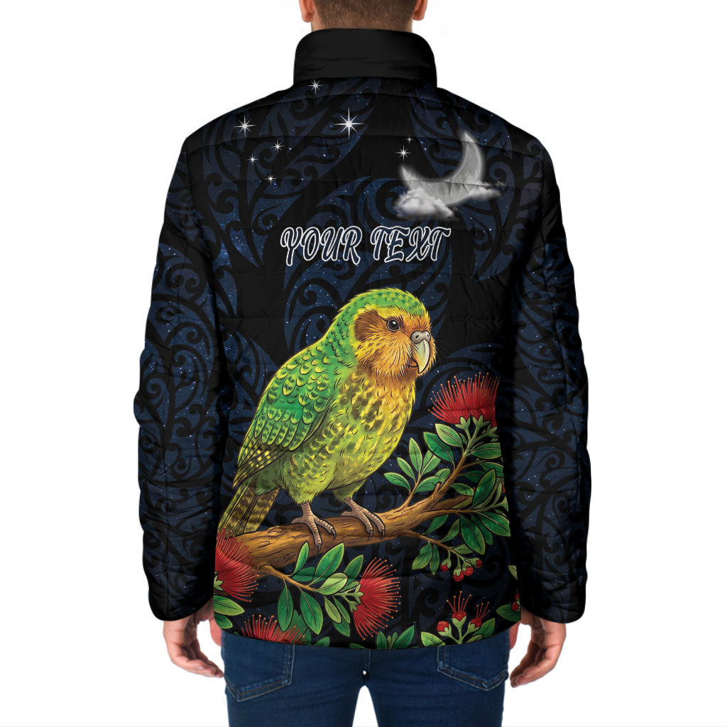 New Zealand Kakapo Matariki Personalised Padded Jacket Pohutukawa Flower Galaxy Maori Pattern
