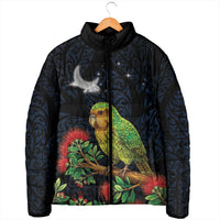 New Zealand Kakapo Matariki Personalised Padded Jacket Pohutukawa Flower Galaxy Maori Pattern