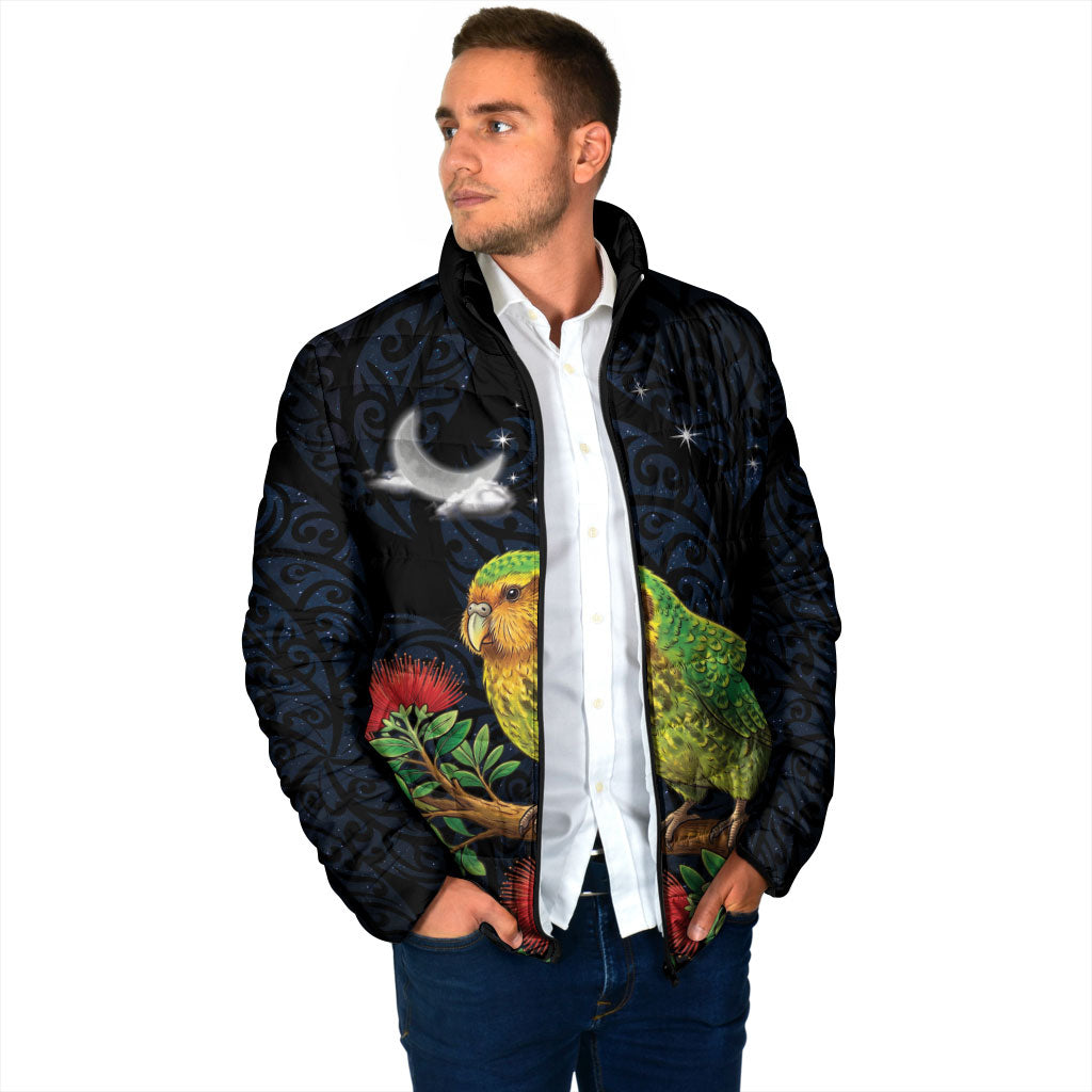 New Zealand Kakapo Matariki Personalised Padded Jacket Pohutukawa Flower Galaxy Maori Pattern