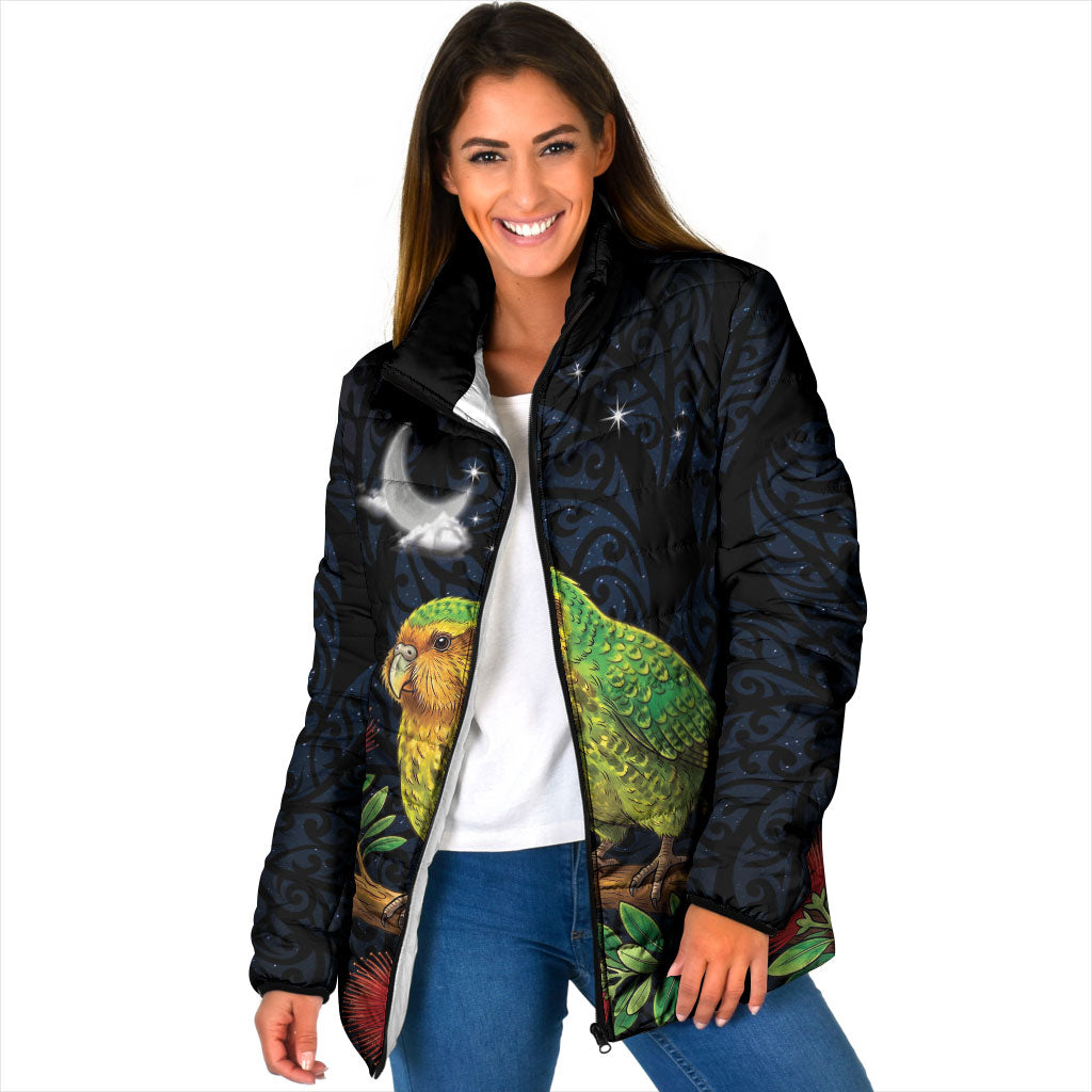 New Zealand Kakapo Matariki Personalised Padded Jacket Pohutukawa Flower Galaxy Maori Pattern