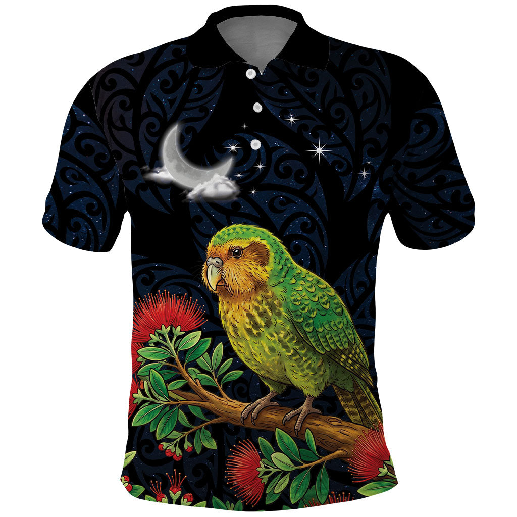 New Zealand Kakapo Matariki Personalised Polo Shirt Pohutukawa Flower Galaxy Maori Pattern
