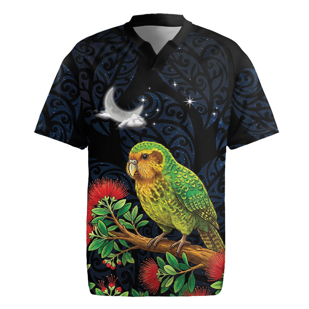 New Zealand Kakapo Matariki Personalised Rugby Jersey Pohutukawa Flower Galaxy Maori Pattern LT22 Black - Polynesian Pride