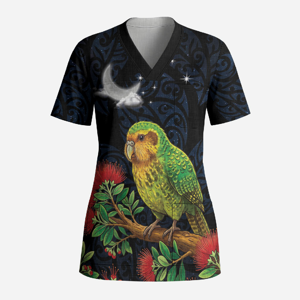 New Zealand Kakapo Matariki Personalised Scrub Top Pohutukawa Flower Galaxy Maori Pattern LT22 Adult Black - Polynesian Pride