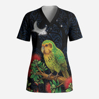 New Zealand Kakapo Matariki Personalised Scrub Top Pohutukawa Flower Galaxy Maori Pattern LT22 Adult Black - Polynesian Pride