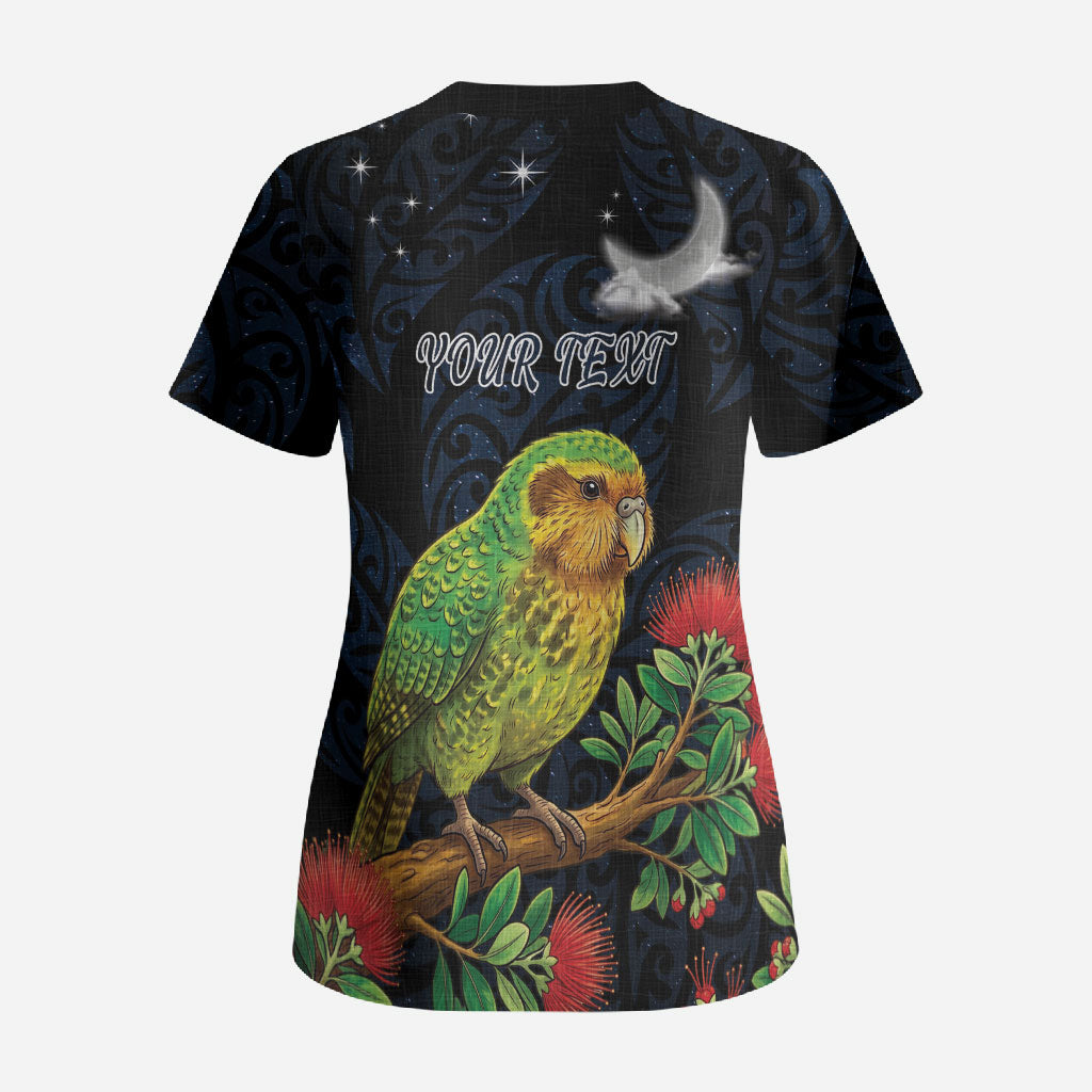 New Zealand Kakapo Matariki Personalised Scrub Top Pohutukawa Flower Galaxy Maori Pattern LT22 - Polynesian Pride