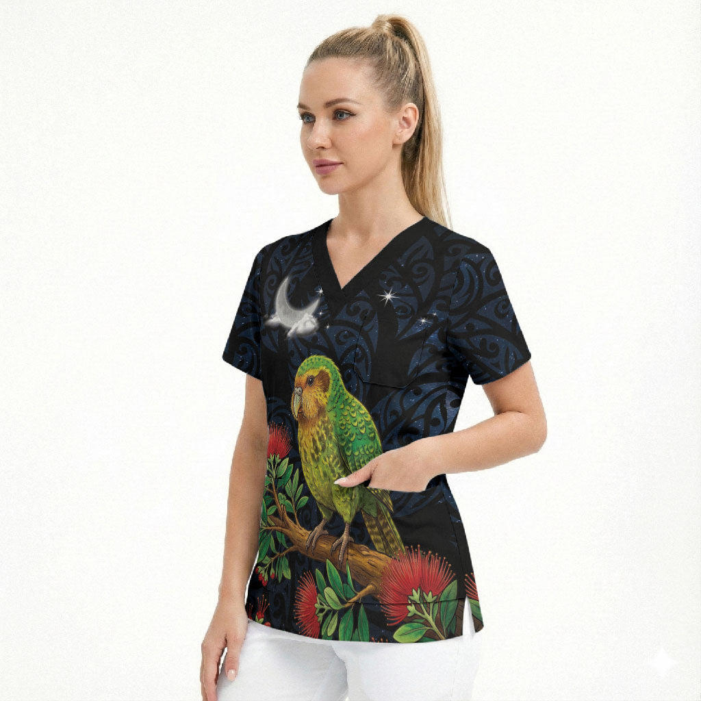 New Zealand Kakapo Matariki Personalised Scrub Top Pohutukawa Flower Galaxy Maori Pattern LT22 - Polynesian Pride