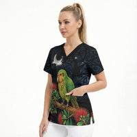 New Zealand Kakapo Matariki Personalised Scrub Top Pohutukawa Flower Galaxy Maori Pattern LT22 - Polynesian Pride
