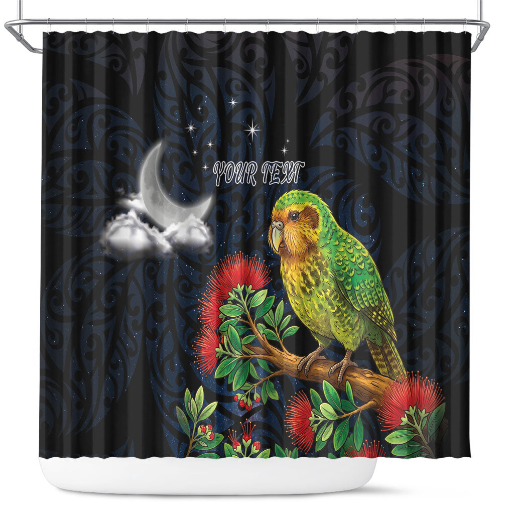 New Zealand Kakapo Matariki Personalised Shower Curtain Pohutukawa Flower Galaxy Maori Pattern LT22 Black - Polynesian Pride