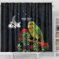 New Zealand Kakapo Matariki Personalised Shower Curtain Pohutukawa Flower Galaxy Maori Pattern LT22 - Polynesian Pride