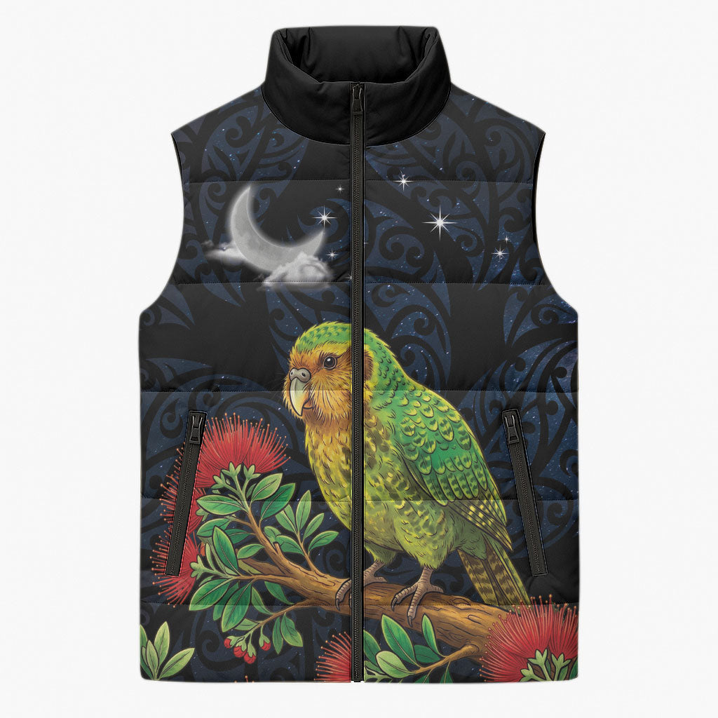 New Zealand Kakapo Matariki Personalised Sleeveless Puffer Jacket Pohutukawa Flower Galaxy Maori Pattern LT22 Unisex Black - Polynesian Pride