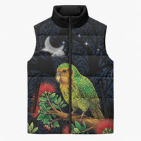 New Zealand Kakapo Matariki Personalised Sleeveless Puffer Jacket Pohutukawa Flower Galaxy Maori Pattern LT22 Unisex Black - Polynesian Pride