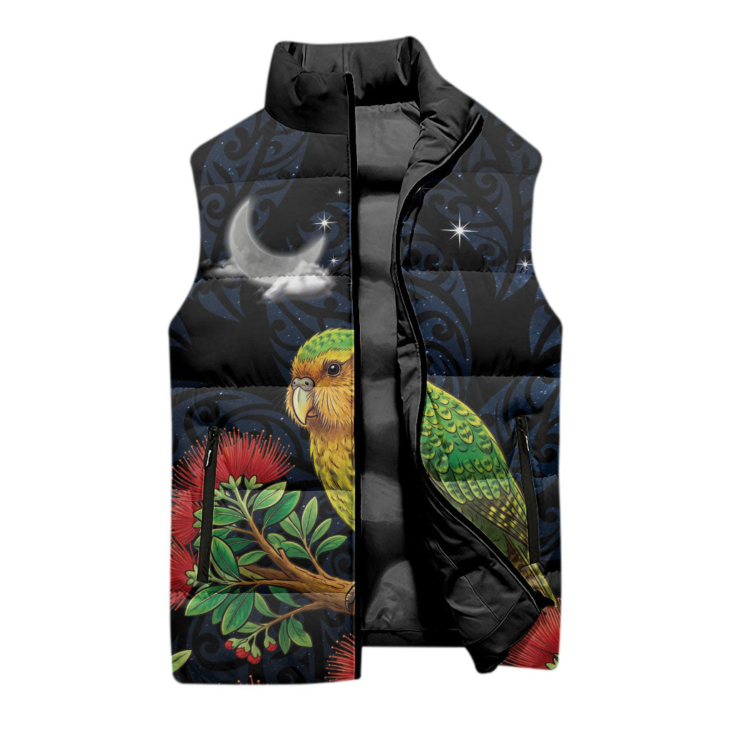 New Zealand Kakapo Matariki Personalised Sleeveless Puffer Jacket Pohutukawa Flower Galaxy Maori Pattern LT22 - Polynesian Pride