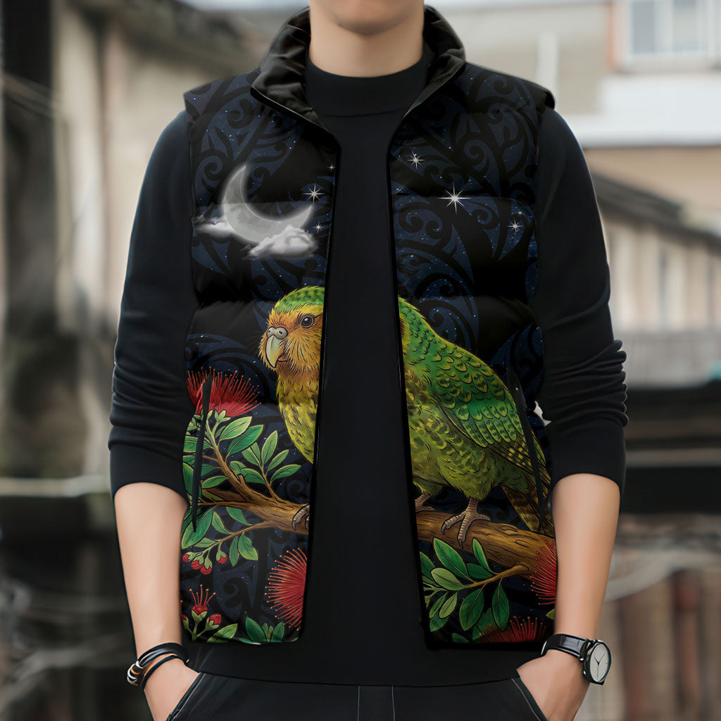 New Zealand Kakapo Matariki Personalised Sleeveless Puffer Jacket Pohutukawa Flower Galaxy Maori Pattern LT22 - Polynesian Pride