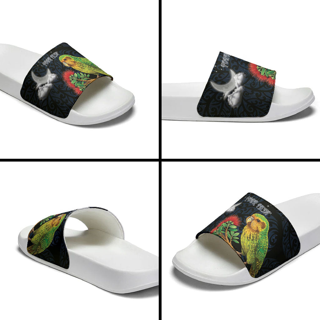 New Zealand Kakapo Matariki Personalised Slide Sandals Pohutukawa Flower Galaxy Maori Pattern LT22 - Polynesian Pride