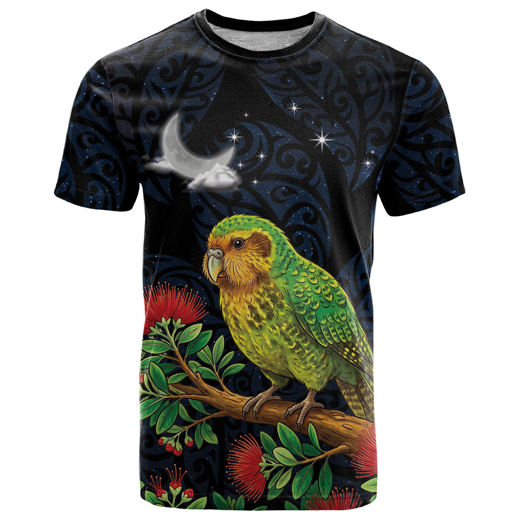 New Zealand Kakapo Matariki Personalised T Shirt Pohutukawa Flower Galaxy Maori Pattern LT22 Black - Polynesian Pride