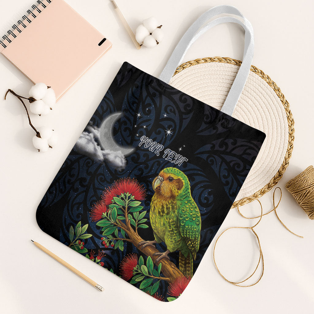 New Zealand Kakapo Matariki Personalised Tote Bag Pohutukawa Flower Galaxy Maori Pattern LT22 White Strap One Size Black - Polynesian Pride