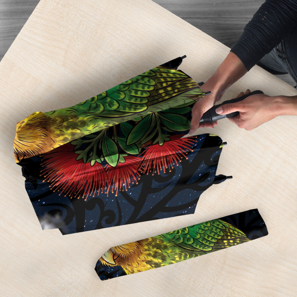 New Zealand Kakapo Matariki Personalised Umbrella Pohutukawa Flower Galaxy Maori Pattern LT22 - Polynesian Pride