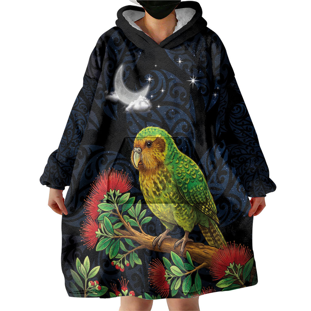 New Zealand Kakapo Matariki Personalised Wearable Blanket Hoodie Pohutukawa Flower Galaxy Maori Pattern