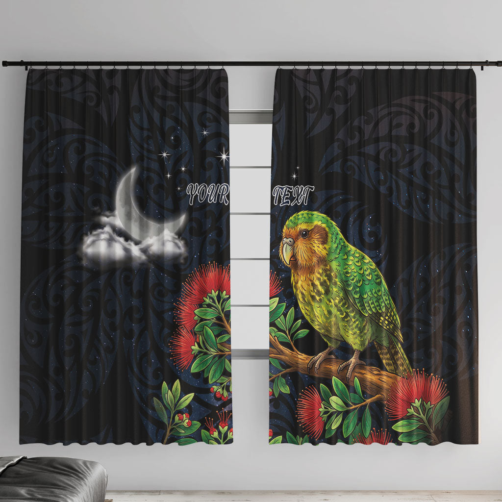 New Zealand Kakapo Matariki Personalised Window Curtain Pohutukawa Flower Galaxy Maori Pattern LT22 With Hooks Black - Polynesian Pride