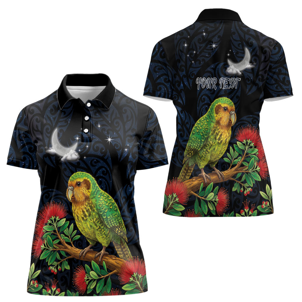 New Zealand Kakapo Matariki Personalised Women Polo Shirt Pohutukawa Flower Galaxy Maori Pattern